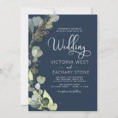 Marine Blauw Alles in Een Eucalyptus QR Code Huwel Kaart (Voorkant)