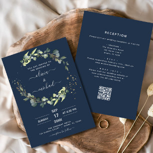 Marine Blauw Alles in Een Eucalyptus QR Code Huwel Kaart