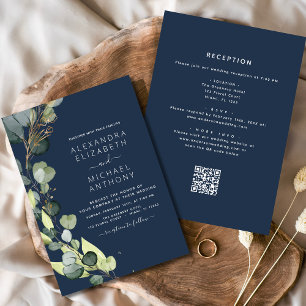 Marine Blauw Alles in Een Eucalyptus QR Code Huwel Kaart