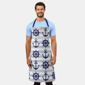 Marine Blauw Anker Boat Wiel Gestreept Nautisch Schort (Gedragen)