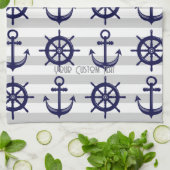 Marine Blauw Anker Boat Wiel Gestreept Nautisch Theedoek (Gevouwen)