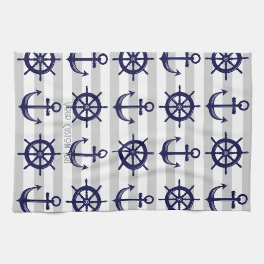 Marine Blauw Anker Boat Wiel Gestreept Nautisch Theedoek (Horizontaal)