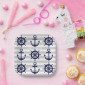 Marine Blauw Anker Boot Wiel Grijs Gestreept Nauti Papieren Bordje (Feest)