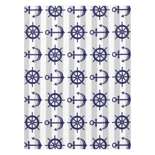 Marine Blauw Anker Boot Wiel Grijs Gestreept Nauti Tafelkleed (Voorkant)