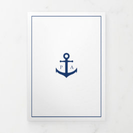 Marine Blauw Anker Monogram Nautische Elegante Bru Drieluik Uitnodiging