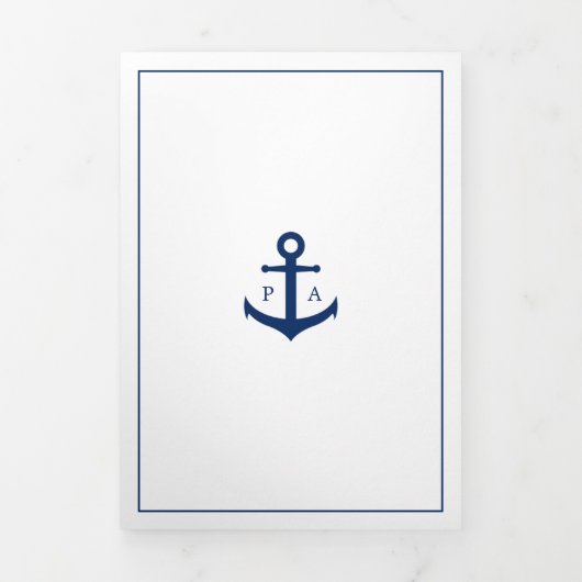 Marine Blauw Anker Monogram Nautische Elegante Bru Drieluik Uitnodiging (Cover)