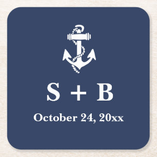 Marine Blauw Anker Nautisch Strand Oceaan Bruiloft Kartonnen Onderzetters