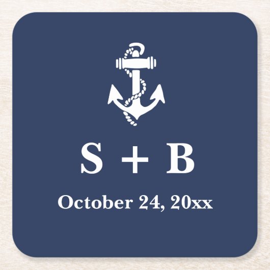 Marine Blauw Anker Nautisch Strand Oceaan Bruiloft Kartonnen Onderzetters (Voorkant)