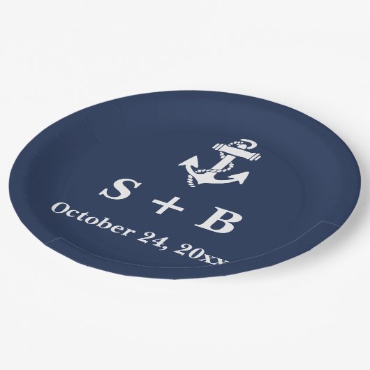 Marine Blauw Anker Nautisch Strand Oceaan Bruiloft Papieren Bordje (Gekanteld)
