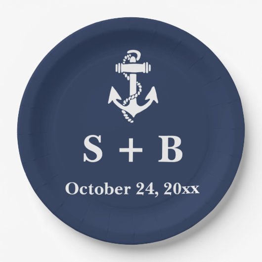 Marine Blauw Anker Nautisch Strand Oceaan Bruiloft Papieren Bordje (Voorkant)