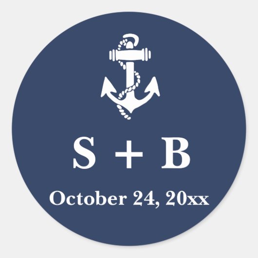 Marine Blauw Anker Nautisch Strand Oceaan Bruiloft Ronde Sticker (Voorkant)