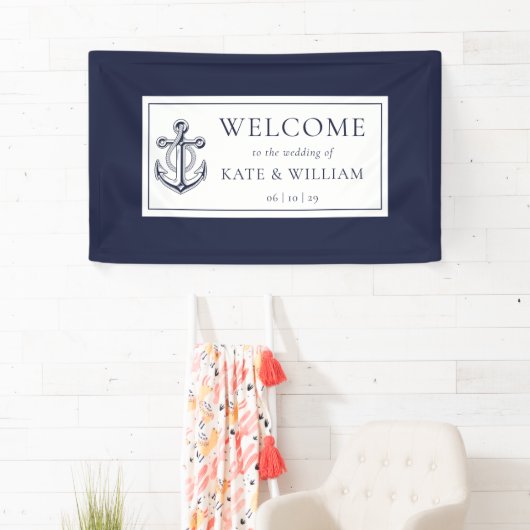 Marine Blauw Anker Nautische Bruiloft Welkom Spandoek (Insitu)