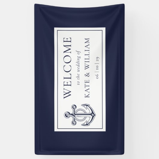 Marine Blauw Anker Nautische Bruiloft Welkom Spandoek (Verticaal)