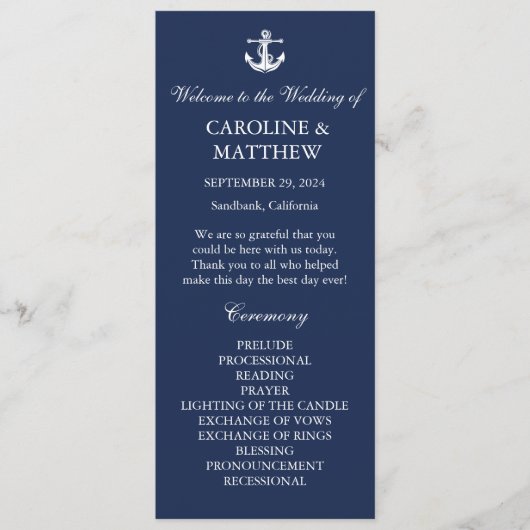 Marine Blauw Anker Nautische Elegante Moderne Huwe Programmakaart (Voorkant)
