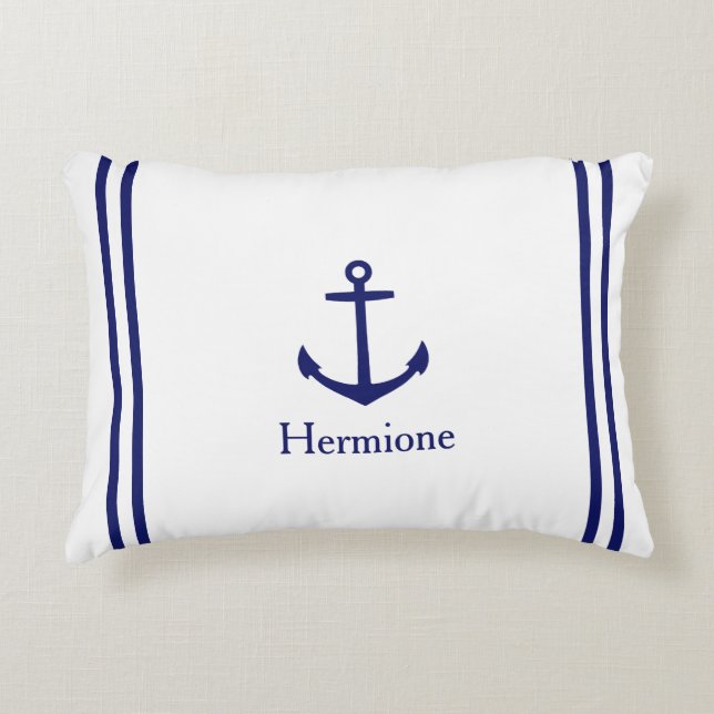 Marine Blauw Anker op Wit Gepersonaliseerd Accent Kussen (Voorkant)