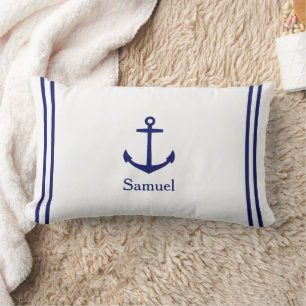Marine Blauw Anker op Wit Gepersonaliseerd Kussen
