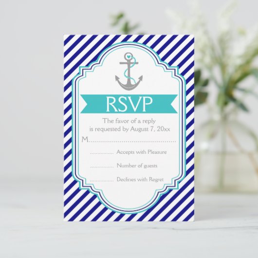 Marine blauw, aqua anker nautische bruiloft RSVP (Staand voorkant)