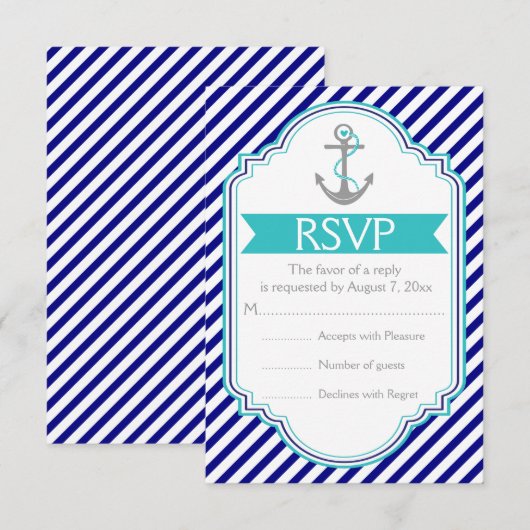 Marine blauw, aqua anker nautische bruiloft RSVP (Voorkant / Achterkant)