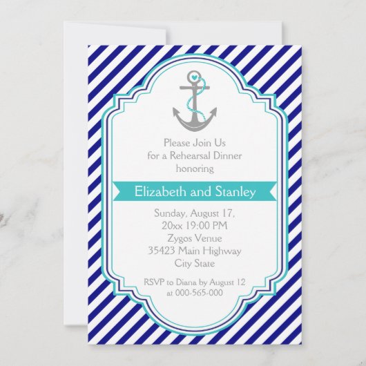 Marine blauw, aqua nautische bruiloft repetitie di kaart (Voorkant)