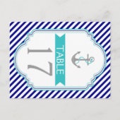 Marine blauw, aqua nautische bruiloft tafel nummer briefkaart (Voorkant)
