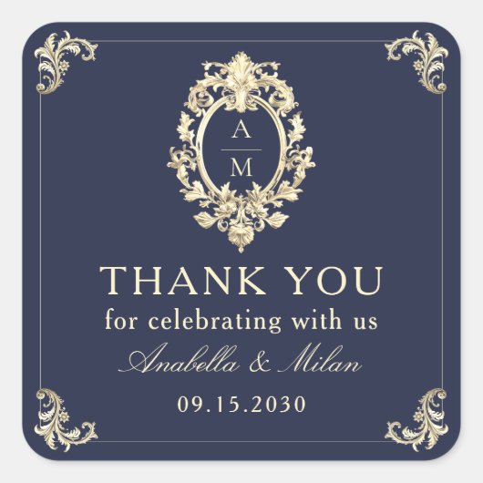Marine Blauw Barok bruiloft Dank u Vierkante Sticker (Voorkant)