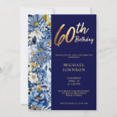 Marine Blauw Bloemen 60e Verjaardagsfeest Kaart (Voorkant)