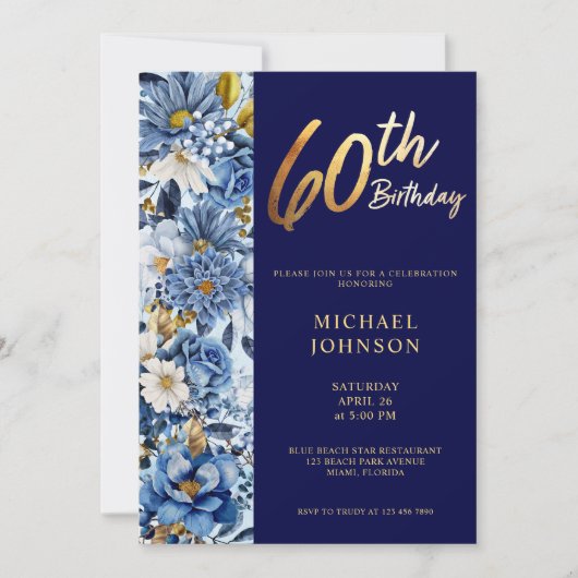 Marine Blauw Bloemen 60e Verjaardagsfeest Kaart (Voorkant)