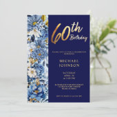Marine Blauw Bloemen 60e Verjaardagsfeest Kaart (Staand voorkant)