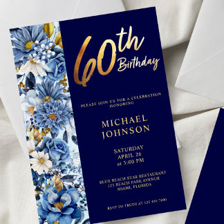 Marine Blauw Bloemen 60e Verjaardagsfeest Kaart