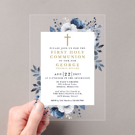 Marine Blauw Bloemen Botanische Eerste Heilige Com Acryl Uitnodigingen (Insitu (Draagbaar))