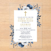 Marine Blauw Bloemen Botanische Eerste Heilige Com Acryl Uitnodigingen (Voorkant)