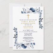 Marine Blauw Bloemen Botanische Eerste Heilige Com Save The Date (Voorkant)