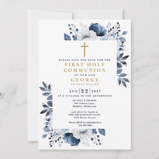 Marine Blauw Bloemen Botanische Eerste Heilige Com Save The Date (Voorkant)