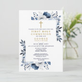 Marine Blauw Bloemen Botanische Eerste Heilige Com Save The Date (Staand voorkant)
