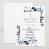 Marine Blauw Bloemen Botanische Eerste Heilige Com Save The Date (Voorkant / Achterkant)