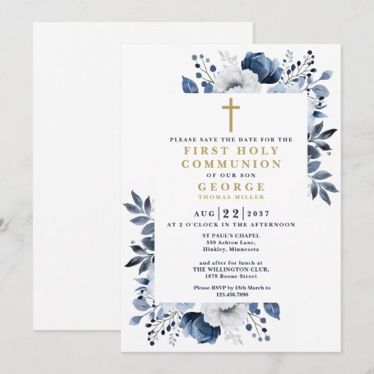 Marine Blauw Bloemen Botanische Eerste Heilige Com Save The Date (Voorkant / Achterkant)