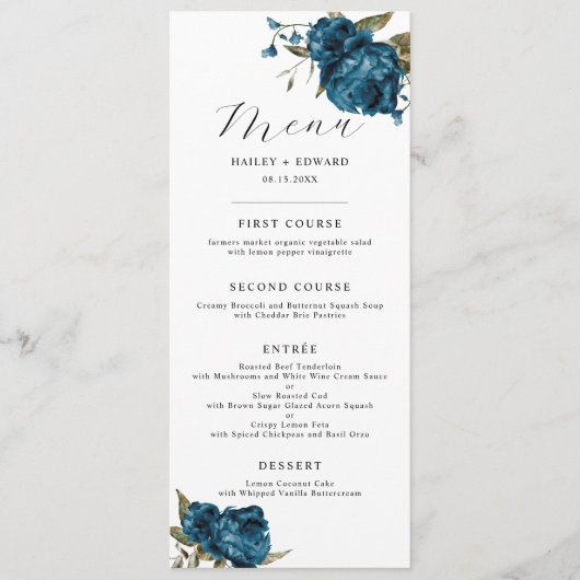 Marine Blauw Bloemen Bruiloft Diner Menu (Voorkant)