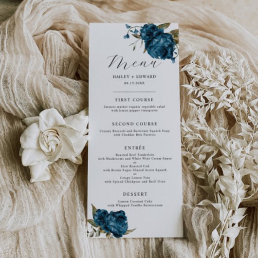 Marine Blauw Bloemen Bruiloft Diner Menu