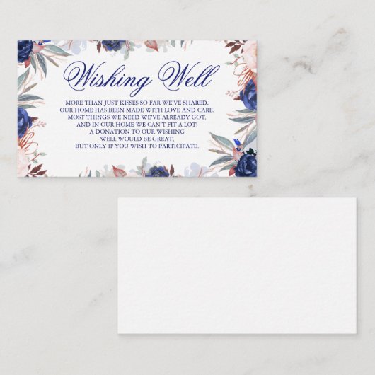 Marine Blauw Bloemen Bruiloft Wishing Well Informatiekaartje (Voorkant / Achterkant)