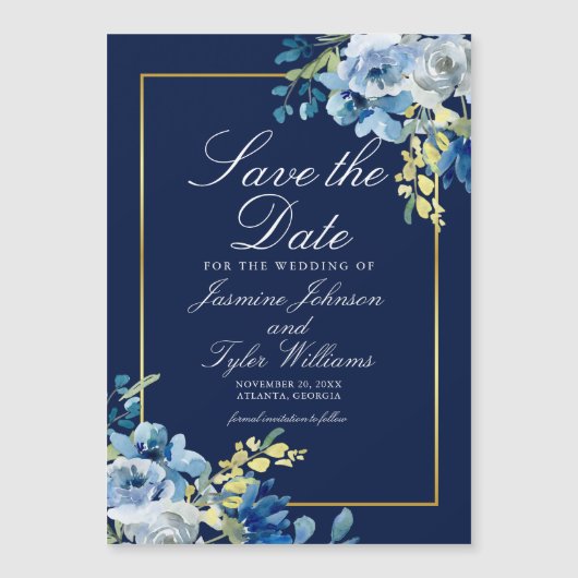 Marine Blauw Bloemen Elegante Gouden Rand Save the Magnetische Uitnodiging (Voorkant)
