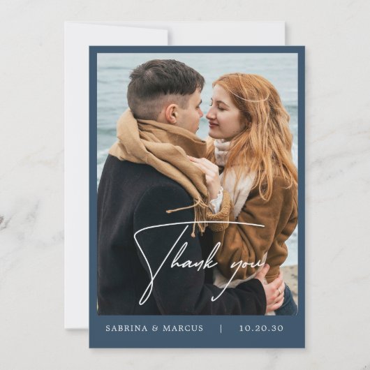 Marine Blauw Bloemen Foto Bruiloft Dank u Kaart (Voorkant)