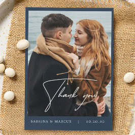 Marine Blauw Bloemen Foto Bruiloft Dank u Kaart