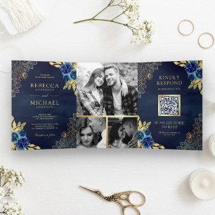 Marine Blauw Bloemen Goud Kant QR Code Bruiloft Drieluik Uitnodiging