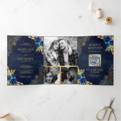 Marine Blauw Bloemen Goud Kant QR Code Bruiloft Drieluik Uitnodiging (Binnen)
