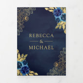 Marine Blauw Bloemen Goud Kant QR Code Bruiloft Drieluik Uitnodiging (Cover)