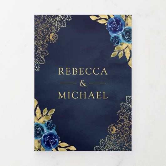 Marine Blauw Bloemen Goud Kant QR Code Bruiloft Drieluik Uitnodiging (Cover)