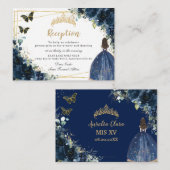 Marine Blauw Bloemen Goud Quinceañera Receptie Informatiekaartje (Voorkant / Achterkant)