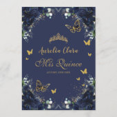 Marine Blauw Bloemen Gouden Vlinders Quinceanera Programmakaart (Achterkant)