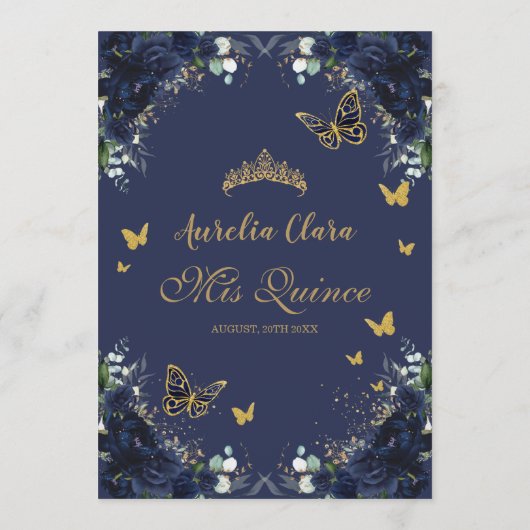 Marine Blauw Bloemen Gouden Vlinders Quinceanera Programmakaart (Achterkant)