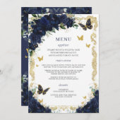 Marine Blauw Bloemen Gouden Vlinders Quinceanera Programmakaart (Voorkant / Achterkant)